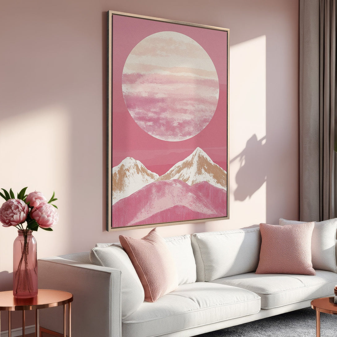Framed Wall Art featuring a pink mountain landscape. Modern art in a blush and rose color palette, perfect for adding a touch of elegance to your home decor.