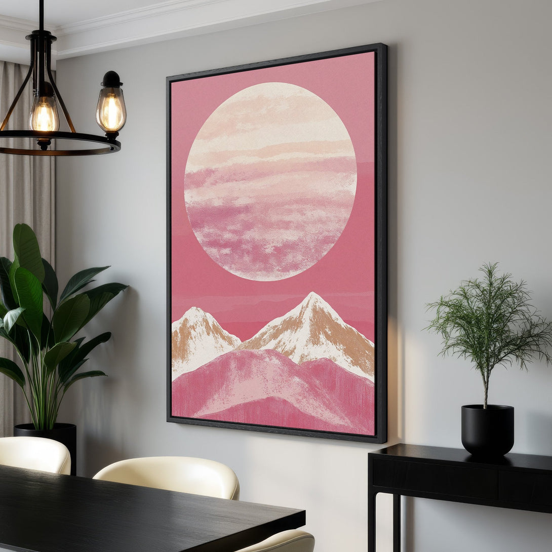 Framed Wall Art featuring a modern mountain landscape in a pink and beige color palette. Perfect for adding a touch of art to your home decor!