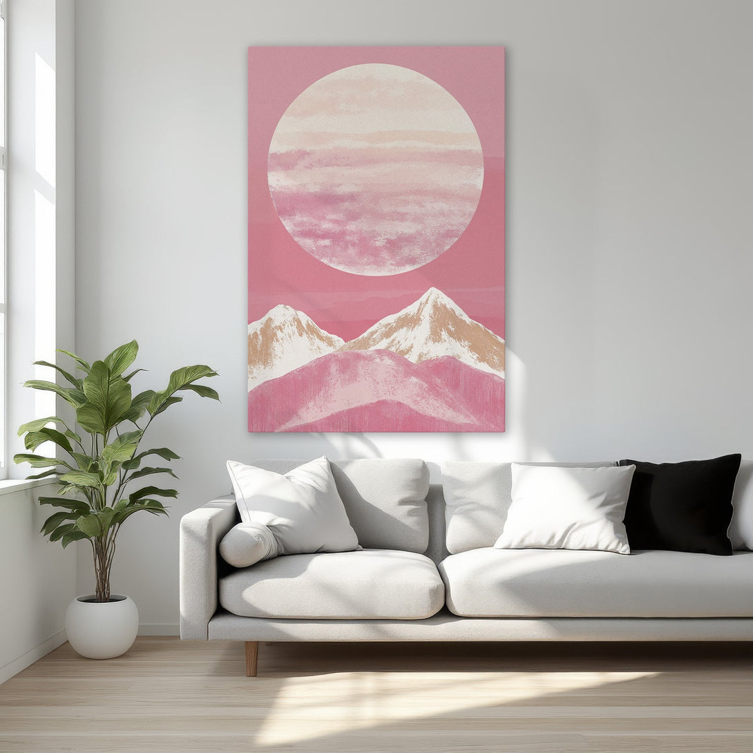 Framed Wall Art: Abstract mountain landscape in pink and gold. Modern canvas print adds a touch of elegance to any room. Shop now for home decor!
