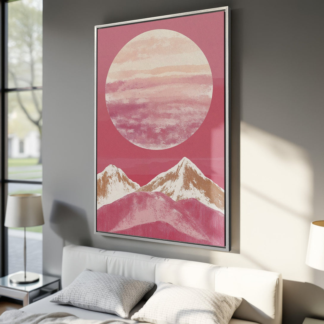 Framed Wall Art featuring a pink mountain landscape with a large circle. Modern abstract style, warm pink and neutral tones. Perfect for bedroom decor.