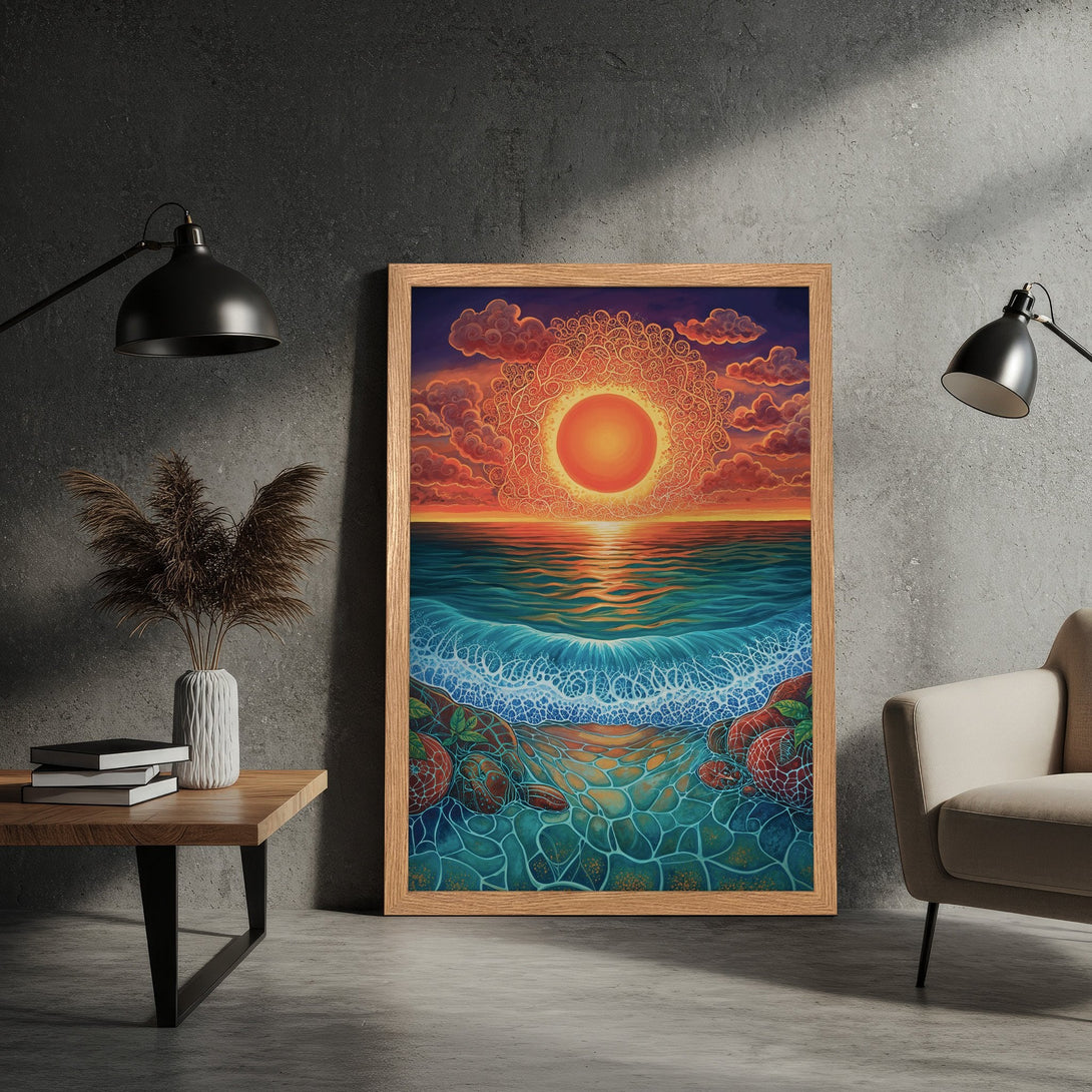 Framed Poster featuring a vibrant sunset over the ocean. Artistic style with warm orange, blue, and teal color palette. Perfect wall art!