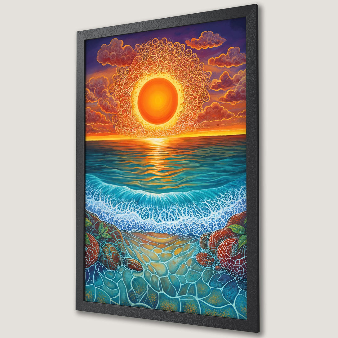 Framed Poster of a vibrant ocean sunset scene. Artistic style with warm orange, blue, and purple hues. Perfect wall art for your home.