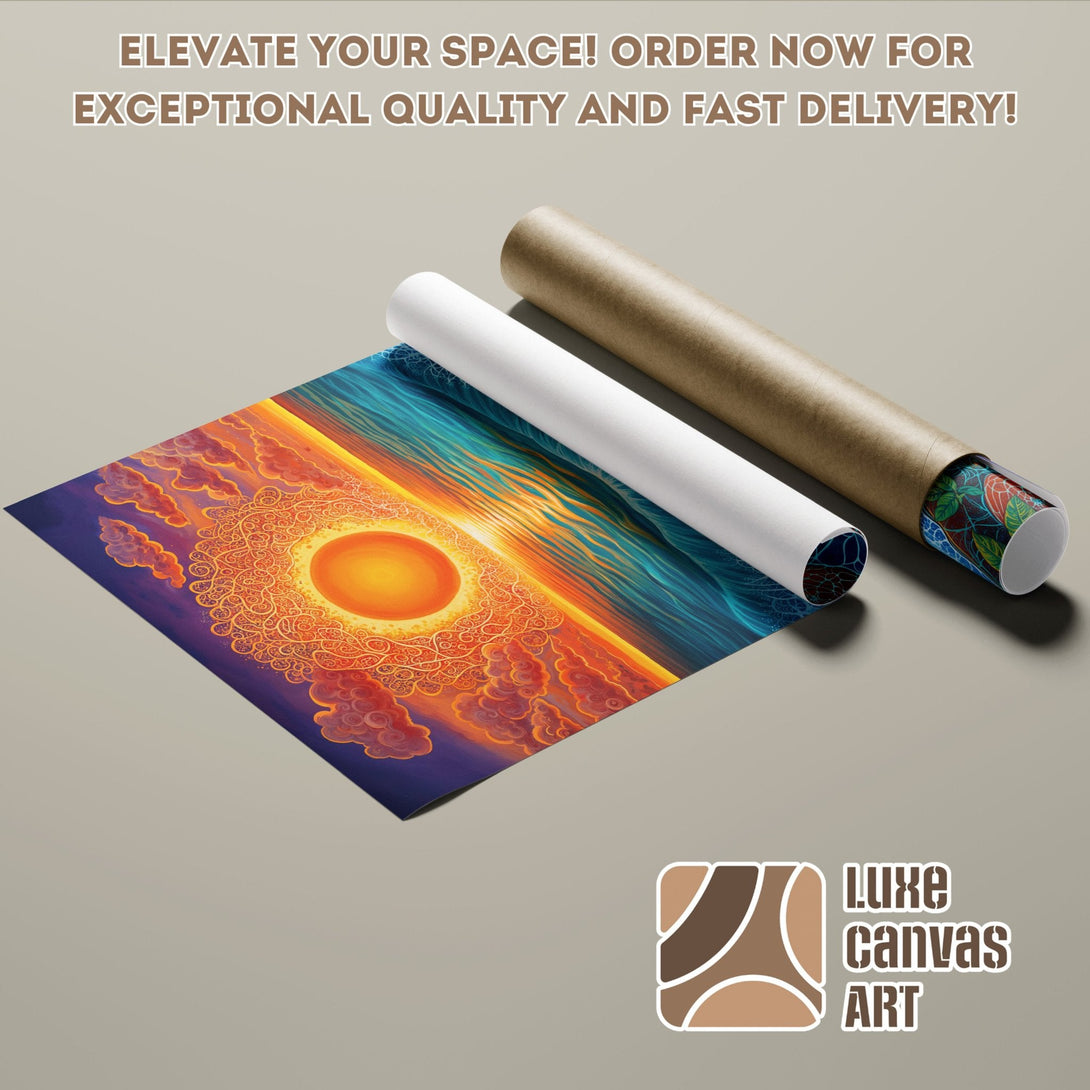 Poster Roll featuring a sunset mandala in vibrant orange and blue hues. Elevate your space with art!
