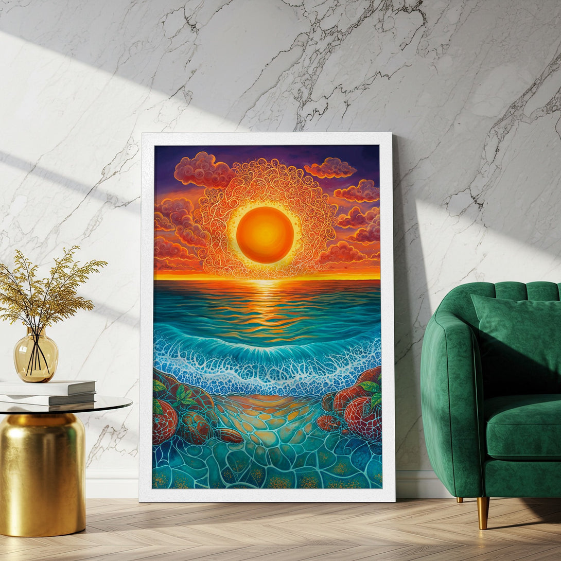 Framed Poster of vibrant sunset over the ocean. Artistic style with orange, blue, and teal color palette. Add a touch of serenity to your space!