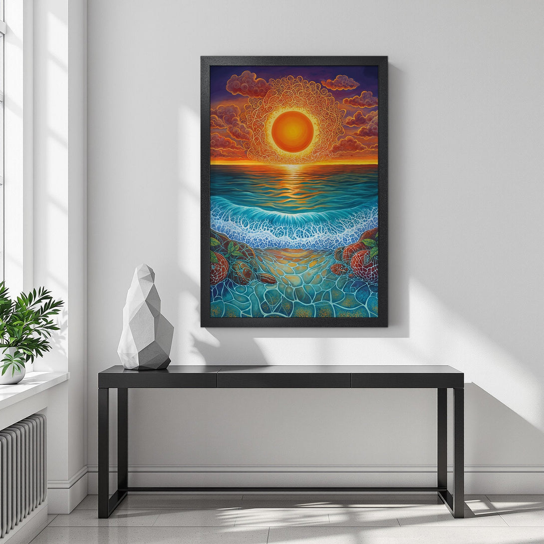 Framed Poster of a vibrant sunset over the ocean. Artistic style with warm orange, blue, and purple color palette. Perfect wall art!