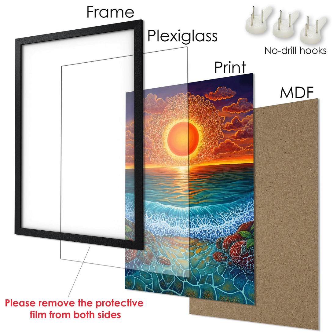 Framed Poster featuring a sunset over the ocean. Vibrant colors and artistic style. Ready to hang!