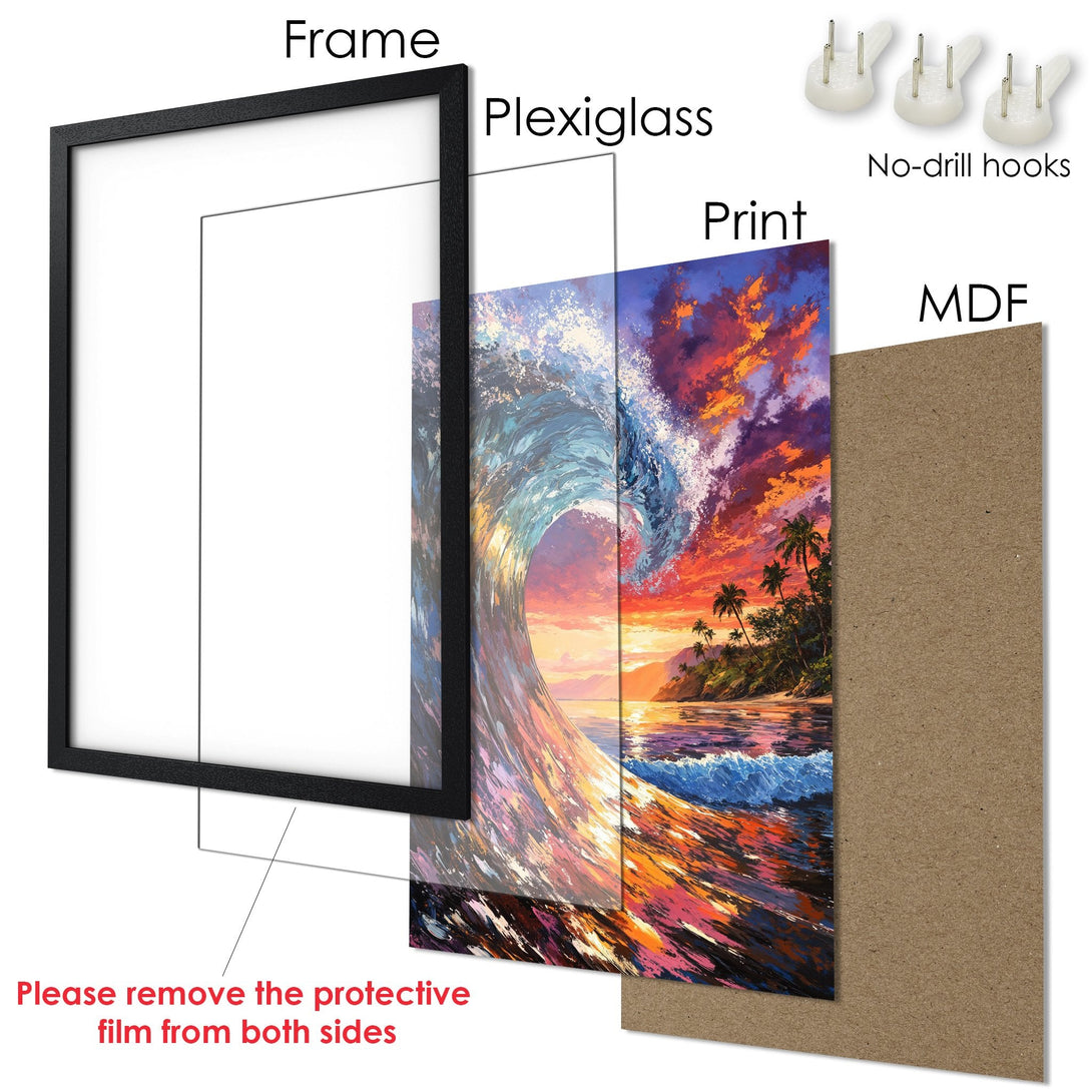 Framed Poster of a vibrant wave at sunset. Artistic style with a warm, colorful palette of blues, oranges, and reds. Perfect wall art!
