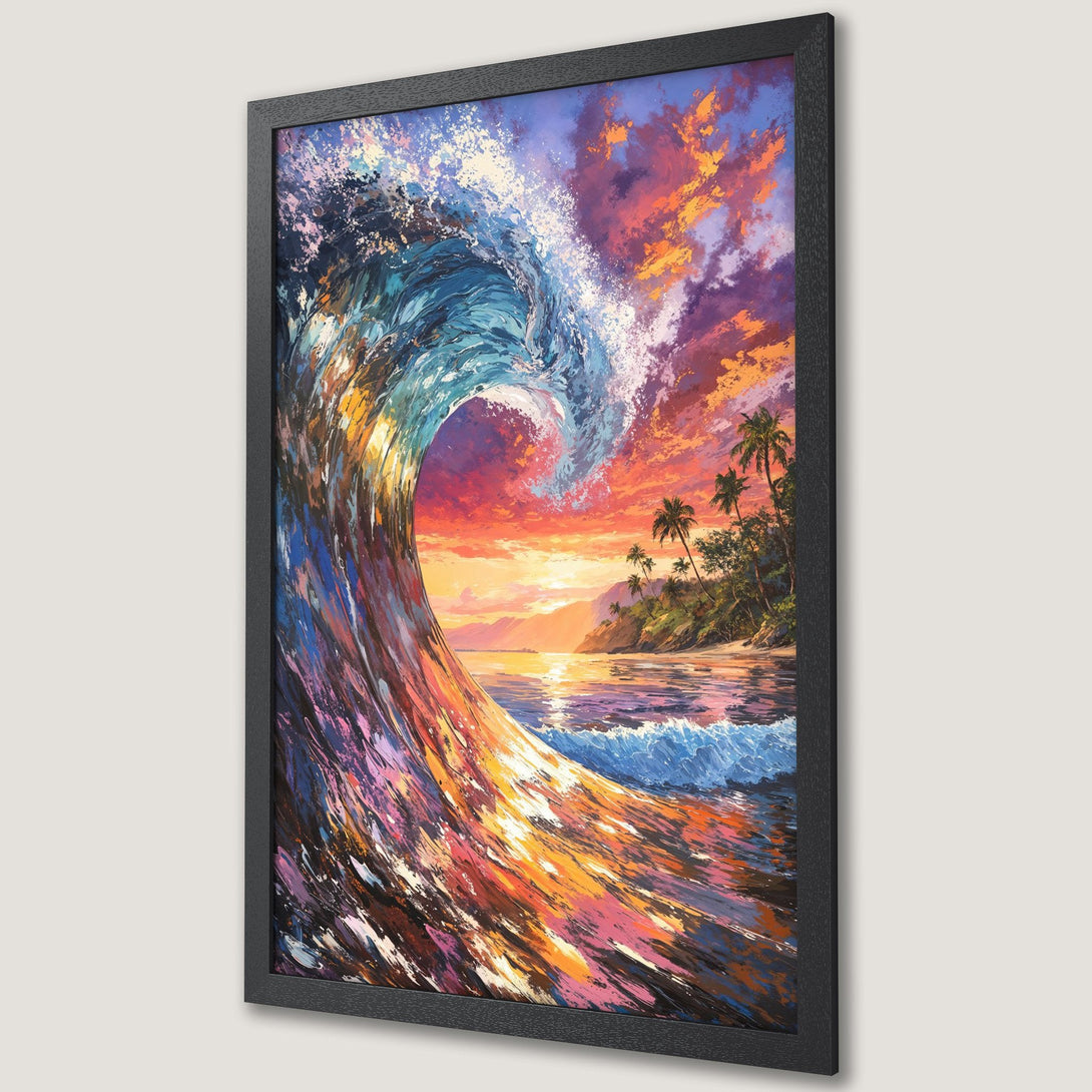 Framed Poster featuring a vibrant wave painting in a colorful sunset palette. Perfect wall art for a tropical vibe.