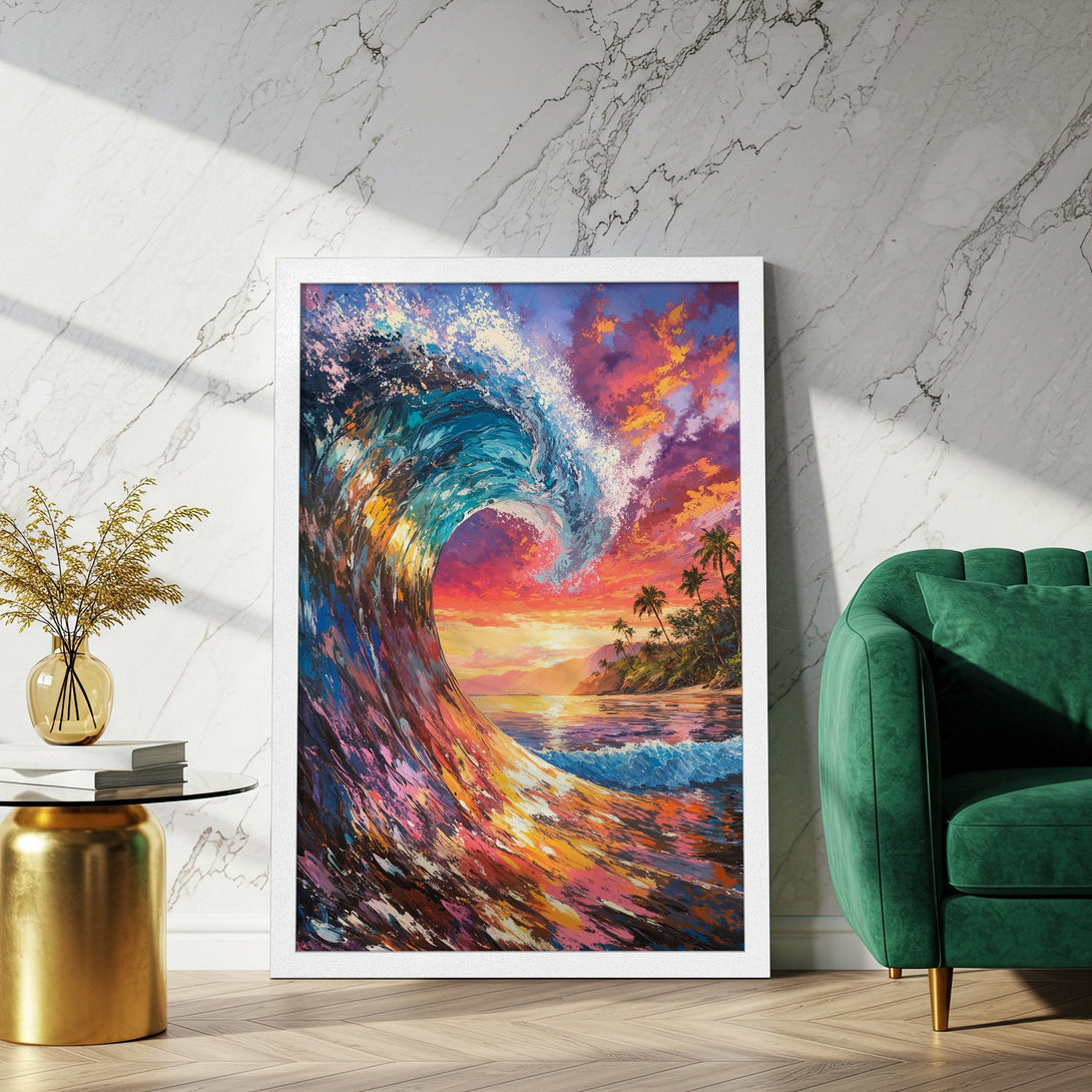 Framed Poster featuring a vibrant ocean wave painting in impressionist style with a warm, sunset color palette. Perfect wall art!