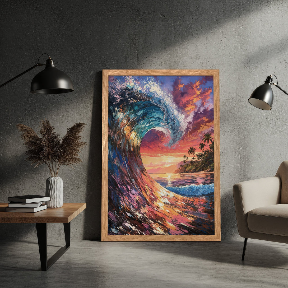 Framed Poster of a vibrant ocean wave painting. Features a colorful sunset palette, impressionistic style, perfect for coastal decor.