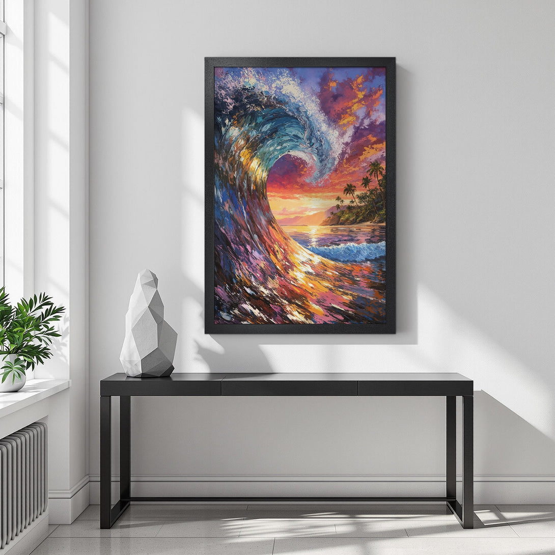 Framed Poster of a vibrant ocean wave painting in a sunset color palette. Add a touch of coastal art to your home!