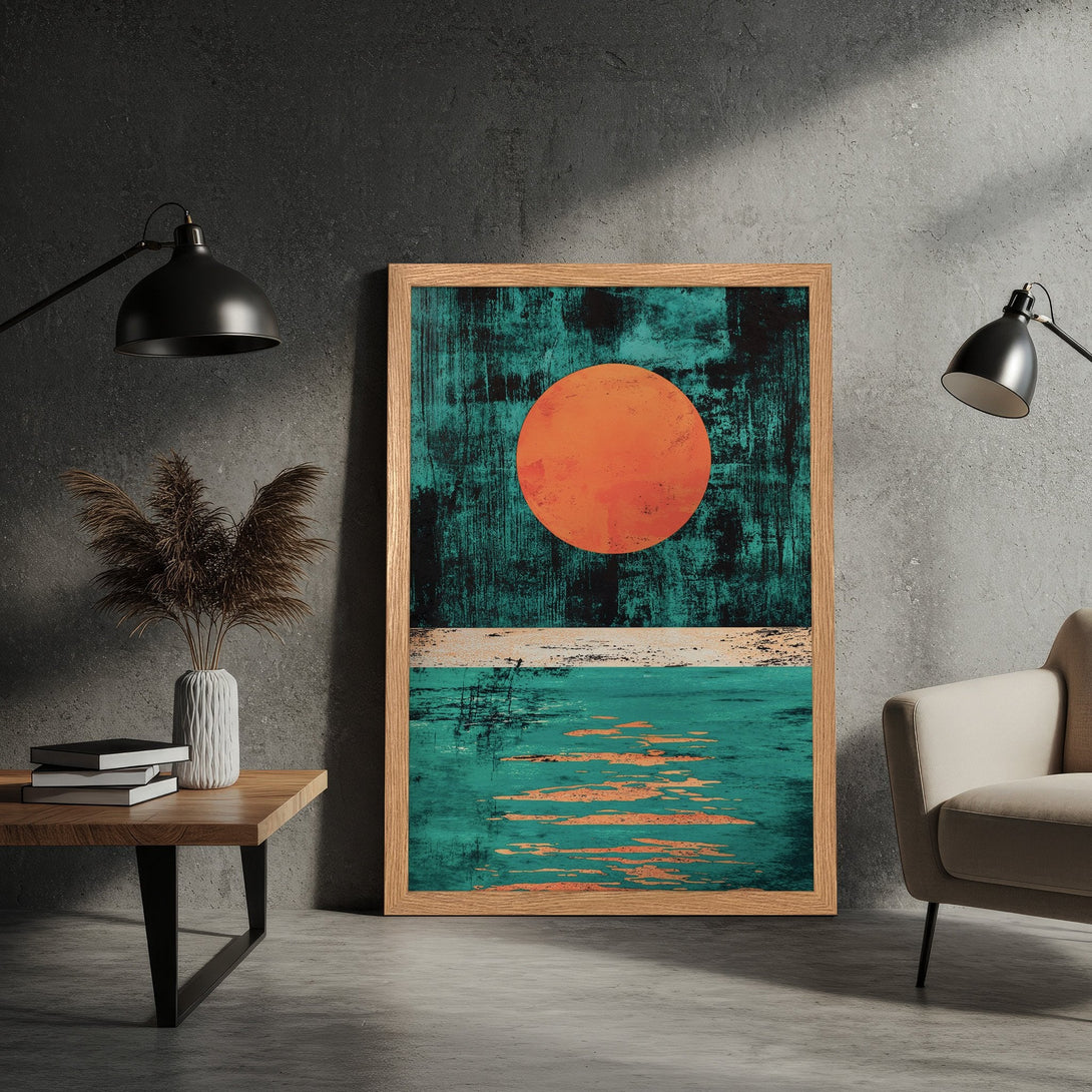 Framed Poster featuring abstract sunset art in teal, orange, and white. Modern style, perfect for home decor.