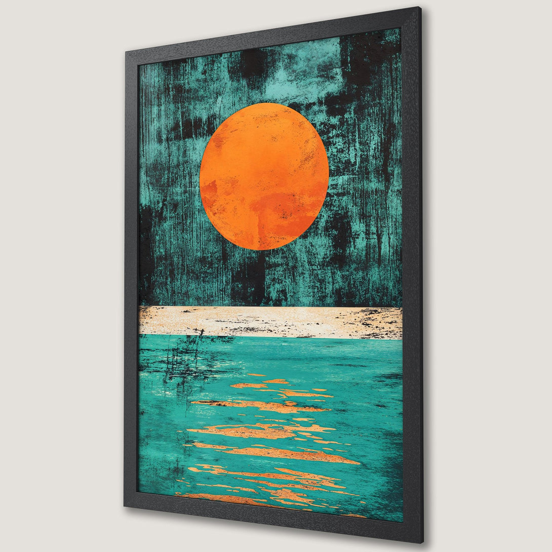 Framed Poster featuring an abstract sunset over water. Modern art style with teal, orange, and black color palette. Perfect wall decor.