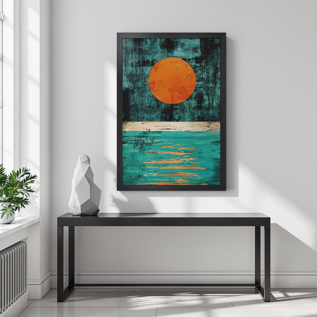 Framed Poster featuring an abstract sunset in teal, orange, and black. Modern wall art for home decor.