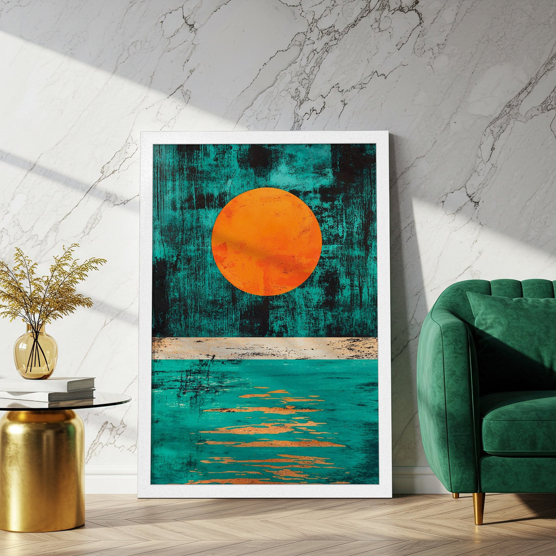 Framed Poster featuring an abstract sunset in teal and orange. Modern art print for stylish home decor.