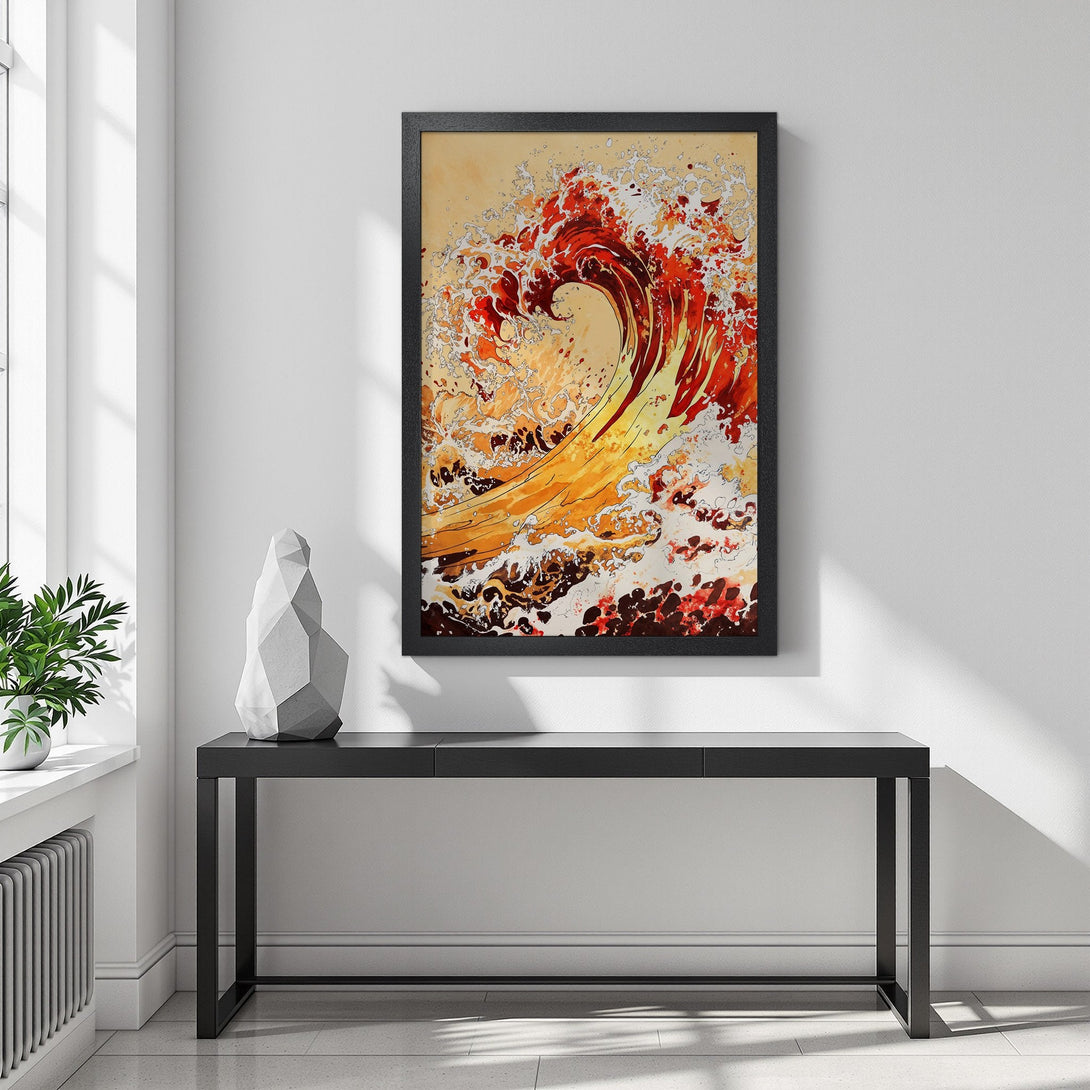 Framed Poster featuring a vibrant wave design in warm red and yellow tones. Modern art for your home!