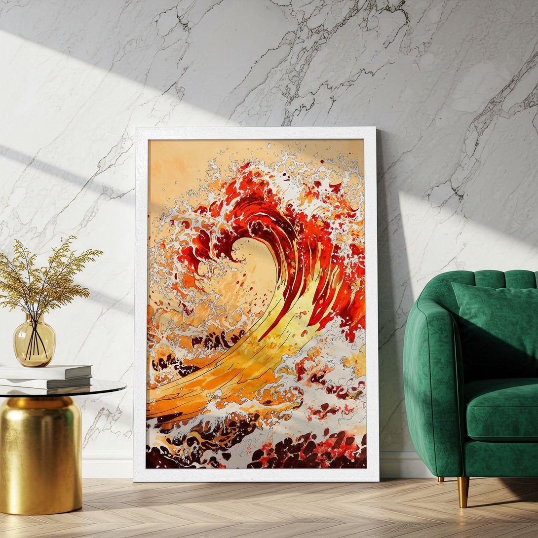 Framed Poster of a vibrant wave art print. Modern style with a warm red, orange, and yellow color palette. Perfect wall art for your home.