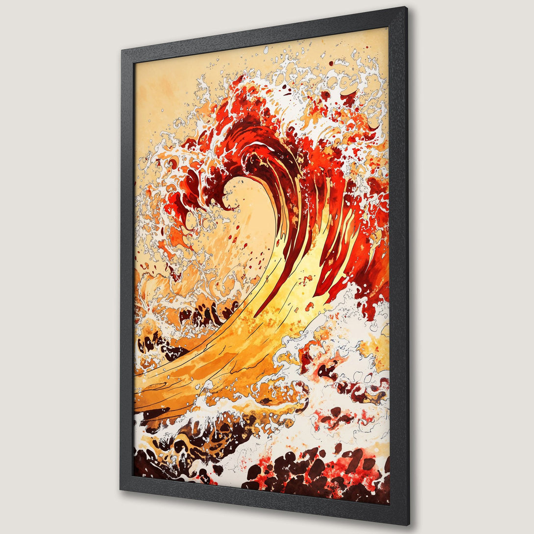 Framed Poster featuring a vibrant, abstract wave in red, orange, and yellow hues. Modern art print for your home decor.