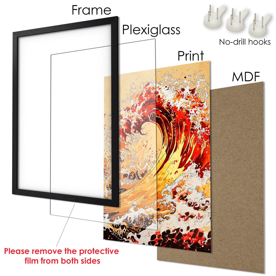 Framed Poster featuring a vibrant wave design in warm red and gold tones. Perfect wall art!