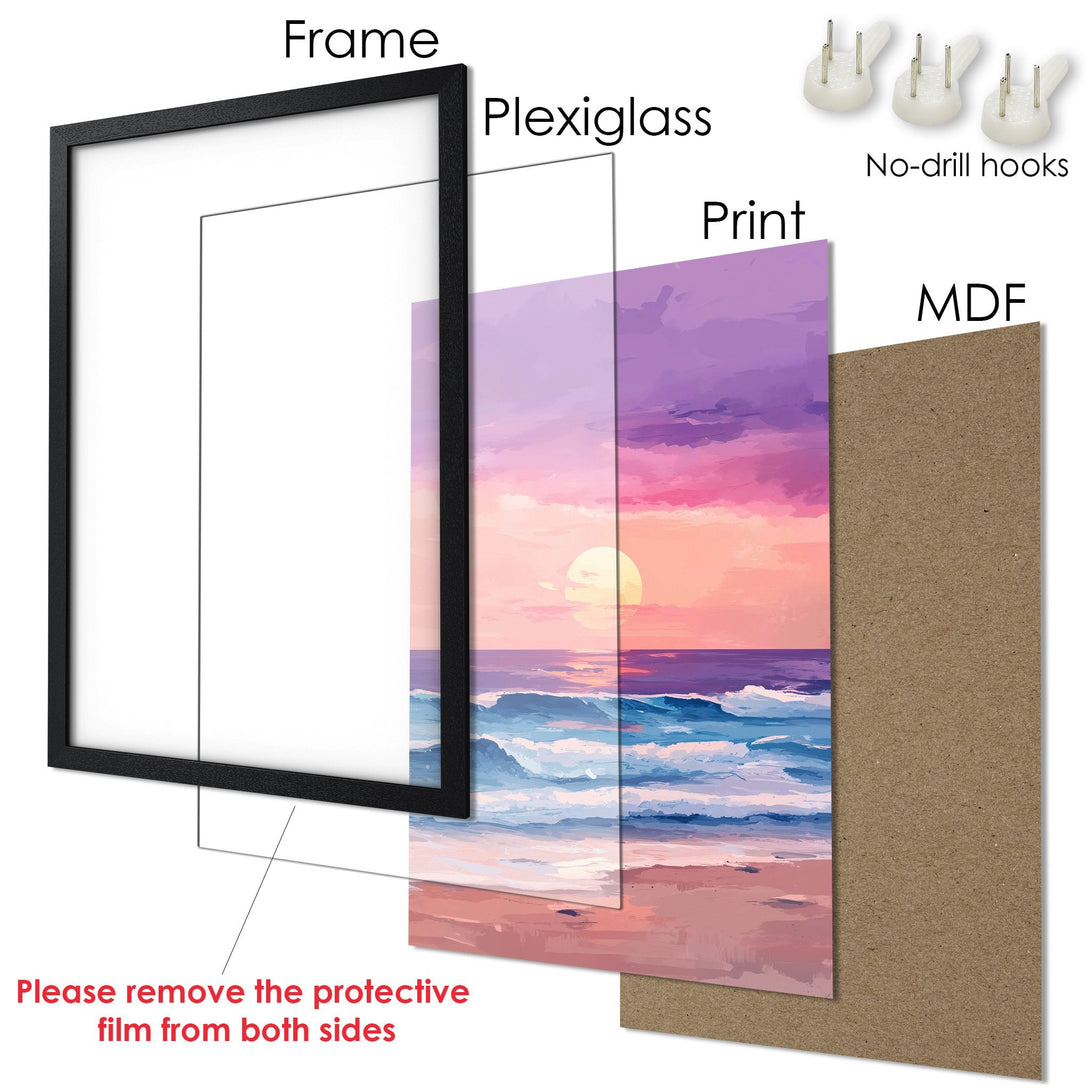 Framed Poster: Sunset art print with vibrant pink, purple, and blue hues. Modern style, ready to hang.