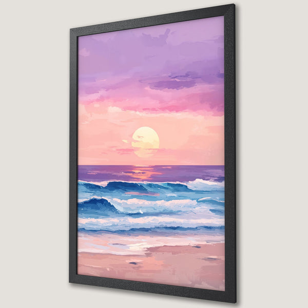 Framed Poster of a sunset over the ocean, painted in a dreamy style with a pink, purple, and blue color palette. Perfect wall art!