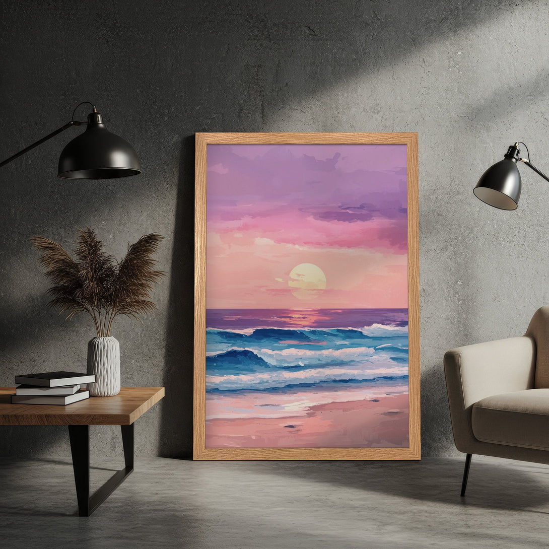 Framed Poster of a sunset beach scene. Impressionistic style with pink, purple, and blue hues. Perfect wall art for coastal decor.