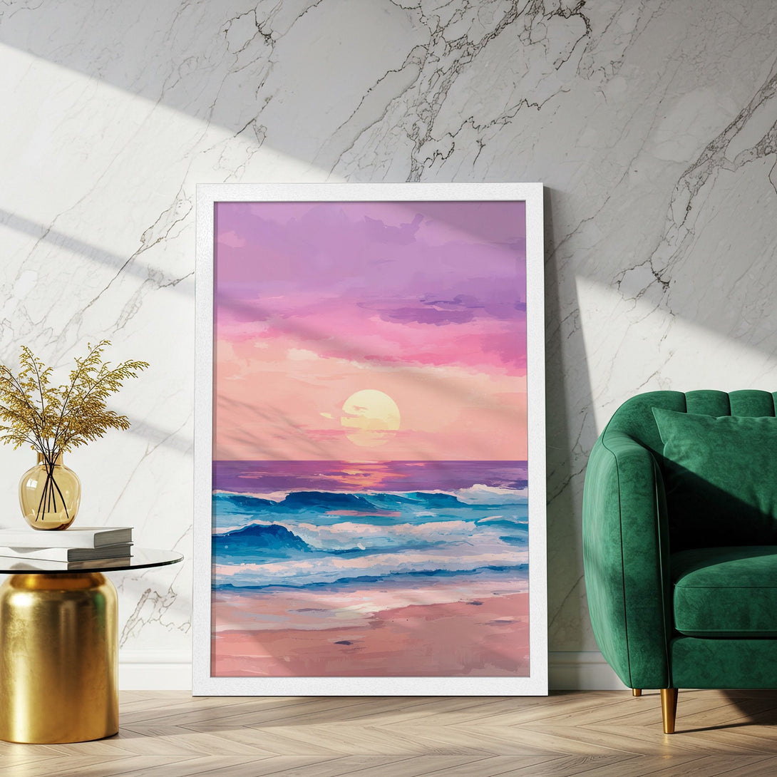 Framed Poster of a dreamy sunset over the ocean, featuring a vibrant pink and blue color palette. Perfect wall art for a calming vibe.