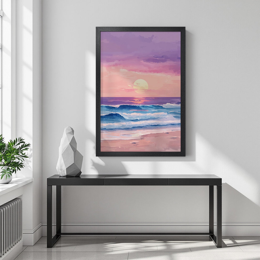 Framed Poster of a sunset over the ocean, painted in a soft, impressionistic style. Features a calming purple and pink color palette.