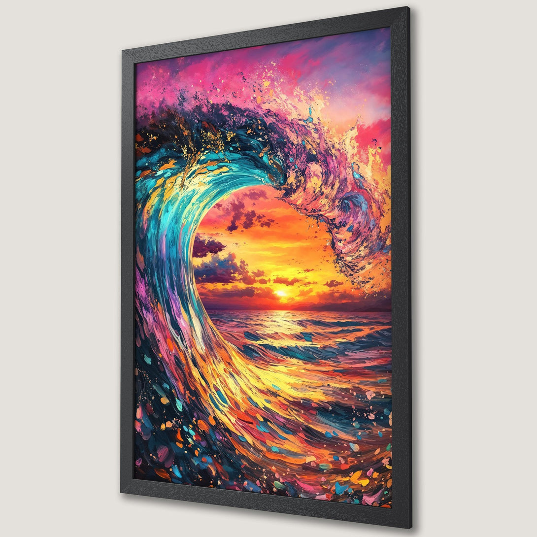 Framed Poster of a vibrant wave at sunset. Artistic style with a colorful palette of blues, oranges, and pinks. Perfect wall art!
