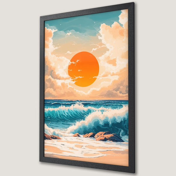 Framed Poster featuring a vibrant ocean sunset scene. Artistic illustration style with blue, orange, and beige color palette. Perfect wall art for a relaxing vibe.