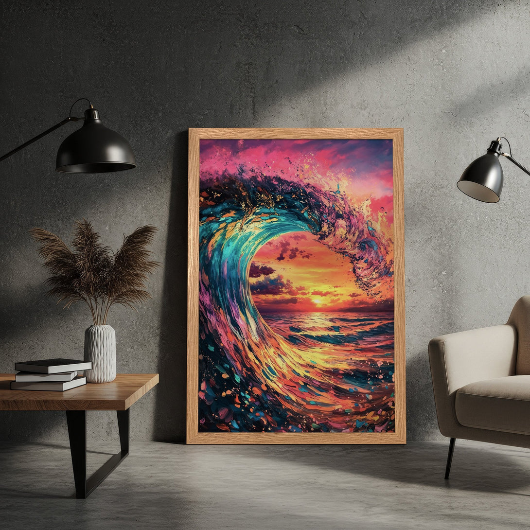 Framed Poster featuring a vibrant wave illustration in a colorful, painterly style with a warm sunset palette. Perfect wall art!