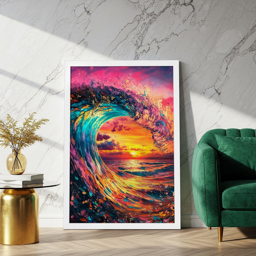 Framed Poster of vibrant wave art, colorful sunset style. Perfect wall decor for a pop of color!