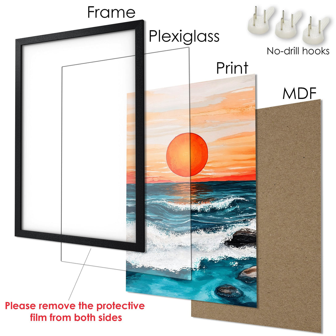Framed Poster: Sunset over ocean art print in warm orange and teal tones. Enhance your space with this beautiful wall art.