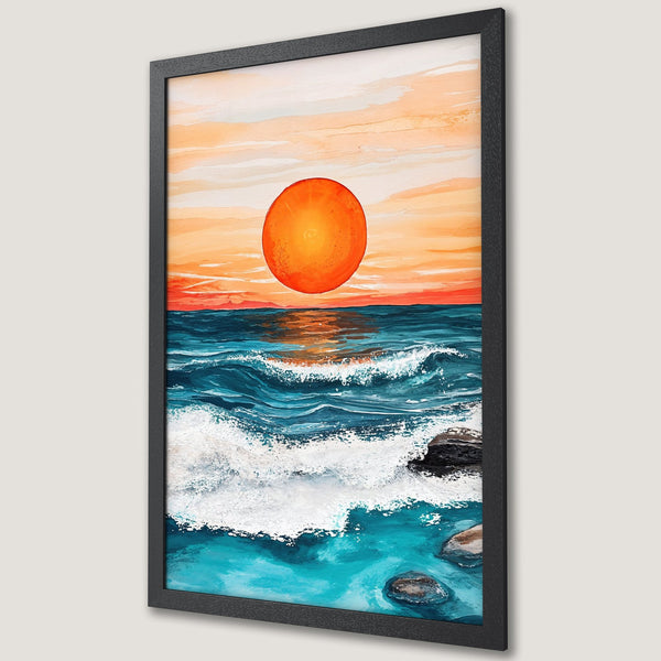 Framed Poster of ocean sunset art, vibrant colors. Coastal painting with orange, blue, and white hues. Perfect wall decor for a serene vibe.