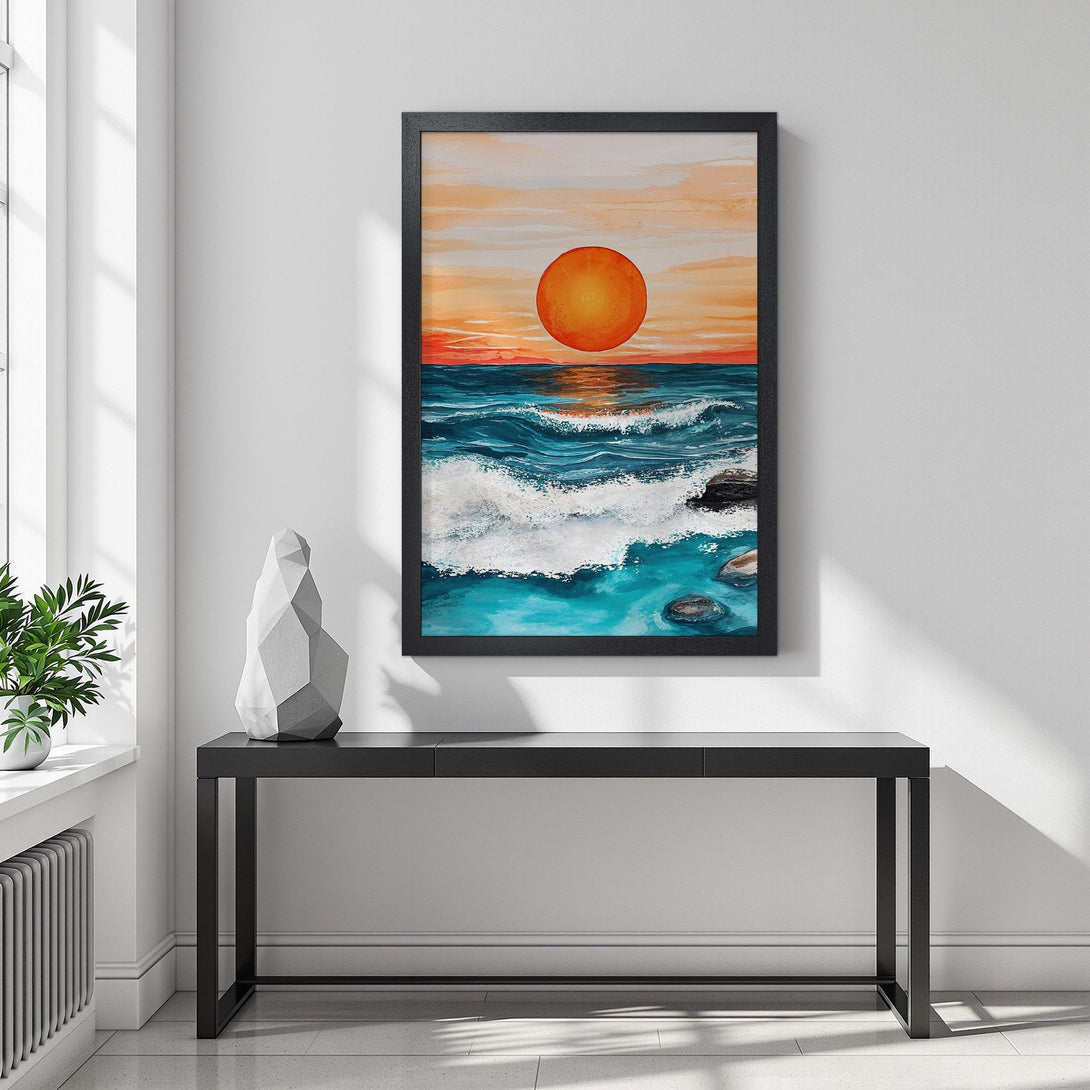 Framed Poster featuring a vibrant ocean sunset. Artistic style with a warm orange, blue, and white color palette. Perfect wall art for any space.