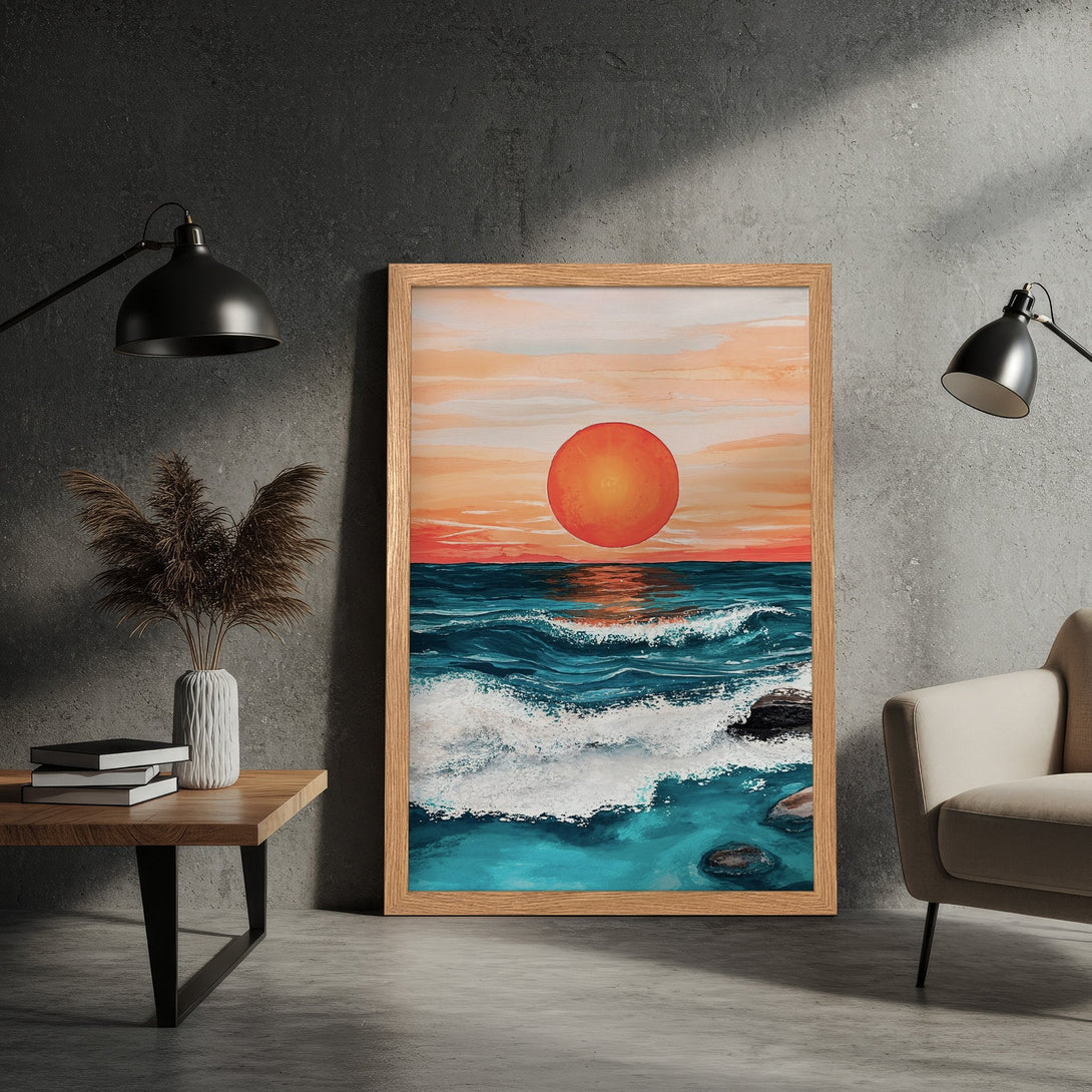Framed Poster of a sunset over the ocean, painted in a modern style with a warm orange and teal color palette. Perfect wall art!