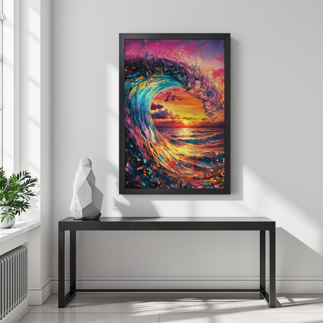 Framed Poster: Vibrant wave art print with sunset colors. Modern decor, colorful, eye-catching ocean poster. Add a splash of art to your home!