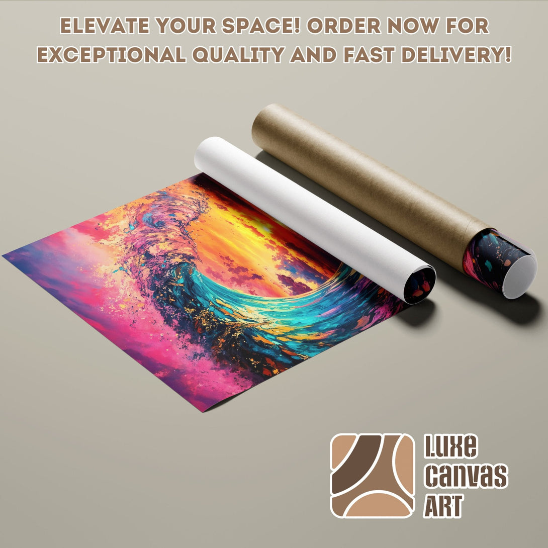 Abstract art poster roll with vibrant pink, orange, and blue colors. Elevate your space!
