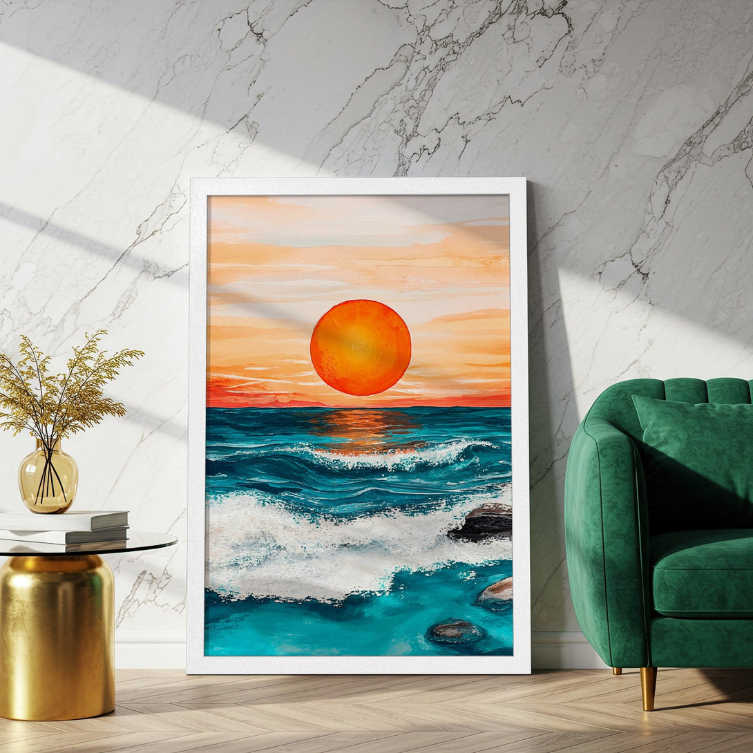 Framed Poster featuring a vibrant sunset over ocean waves. Artistic style with orange, teal, and white color palette. Perfect wall art!