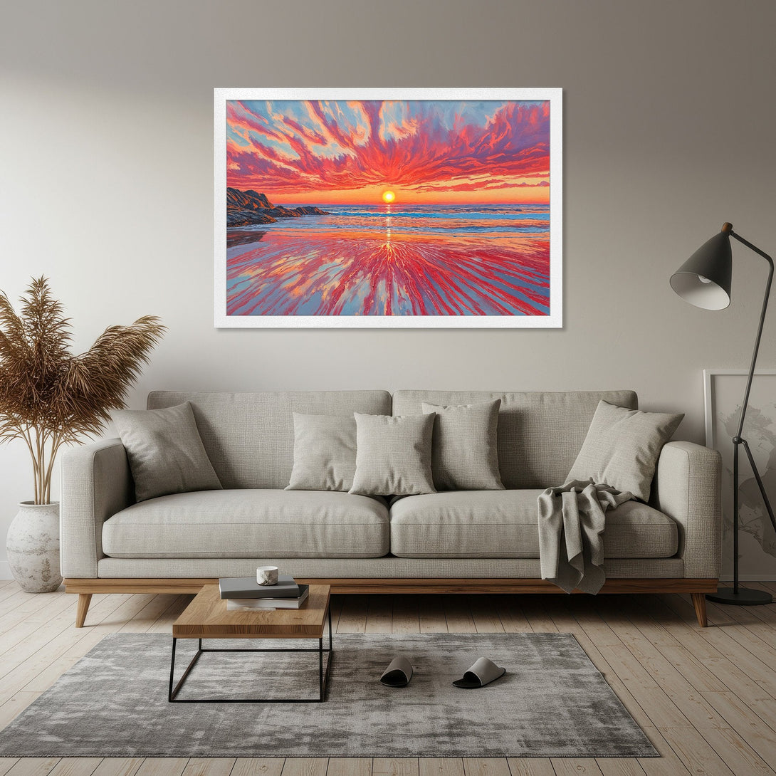 Framed Poster of a vibrant sunset over the ocean. Impressionistic style with a fiery red, orange, and blue color palette. Bring the beach home!
