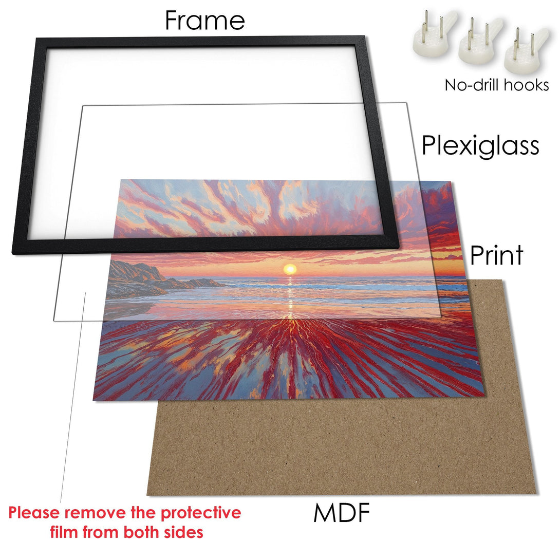 Framed Poster of a sunset beach scene. Artistic style with warm red, orange, and blue color palette. Perfect wall art for home decor.