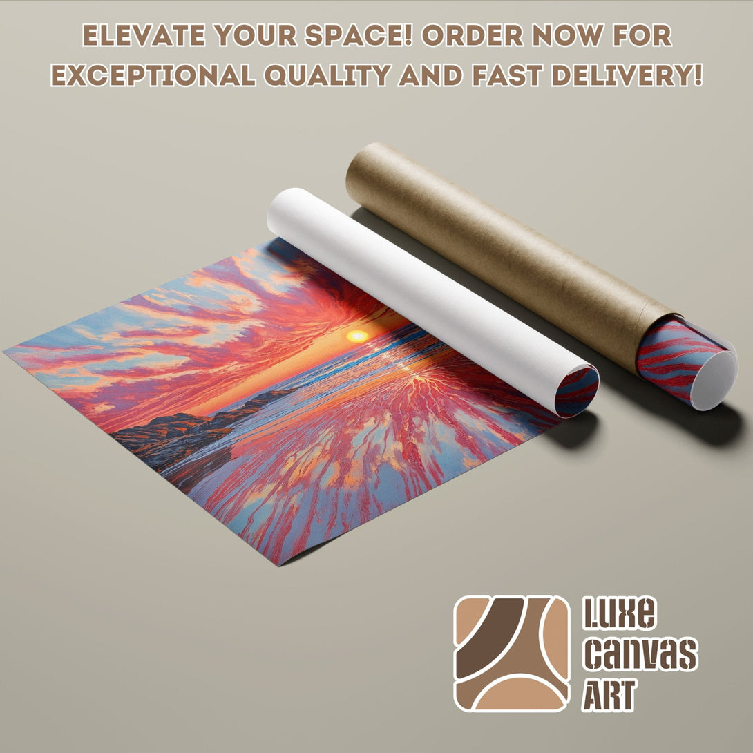 Poster Roll of vibrant sunset art, modern style, with warm red, orange, and blue hues.