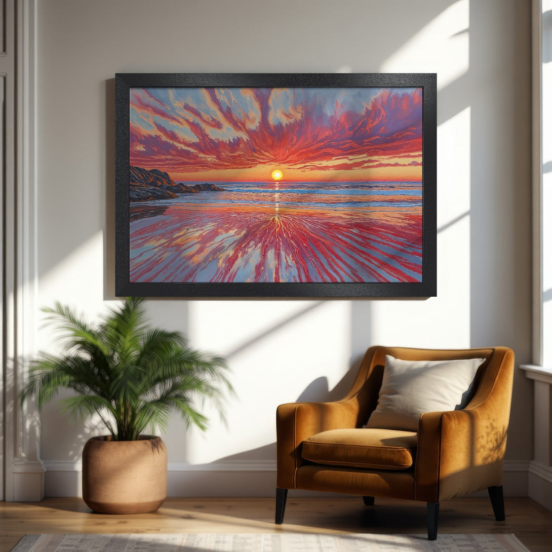 Framed Poster of a vibrant sunset over the ocean. Impressionistic style with red, orange, and blue hues. Perfect wall art!