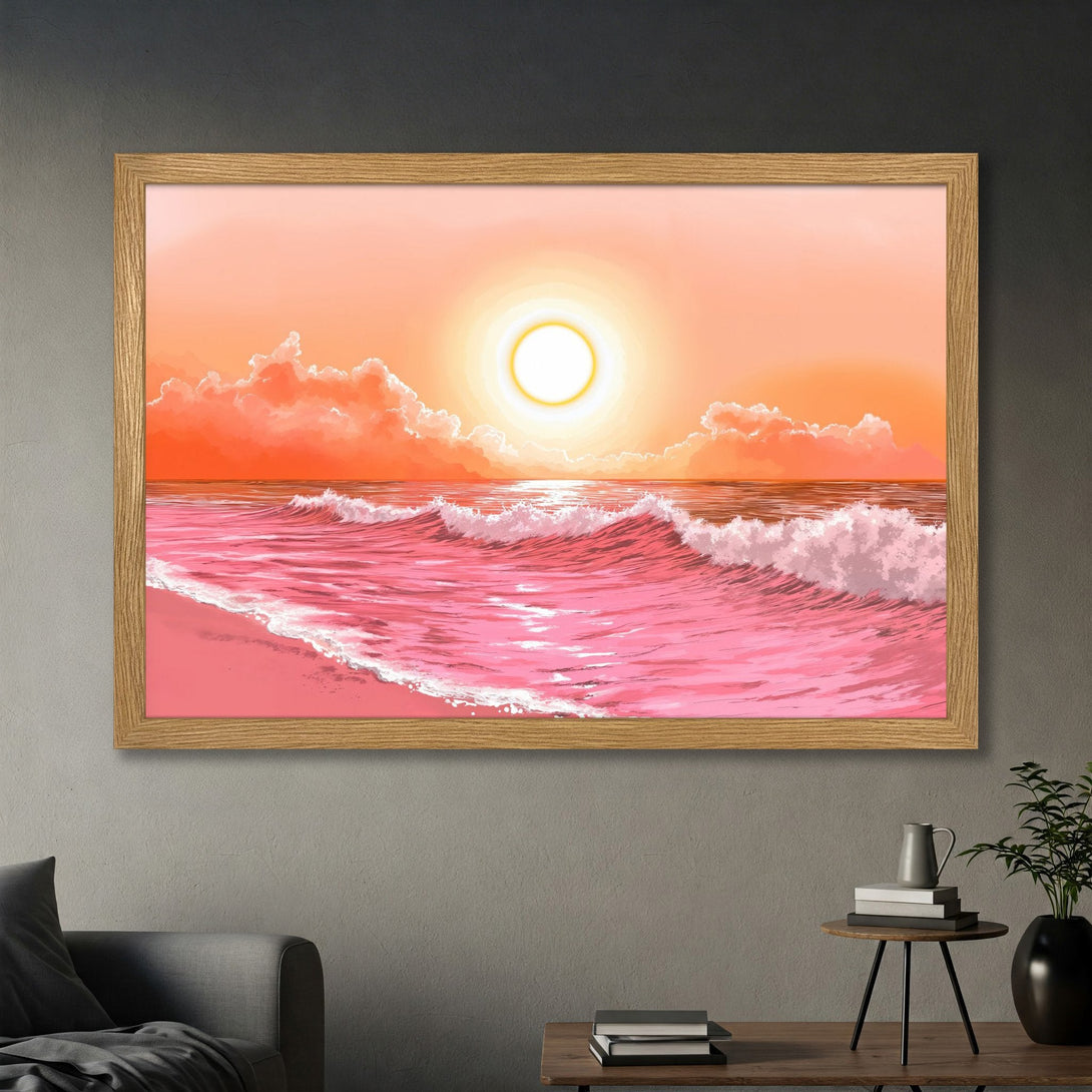 Framed Poster featuring a vibrant beach scene with pink waves, sunset, and warm color palette. Coastal art for your home decor.