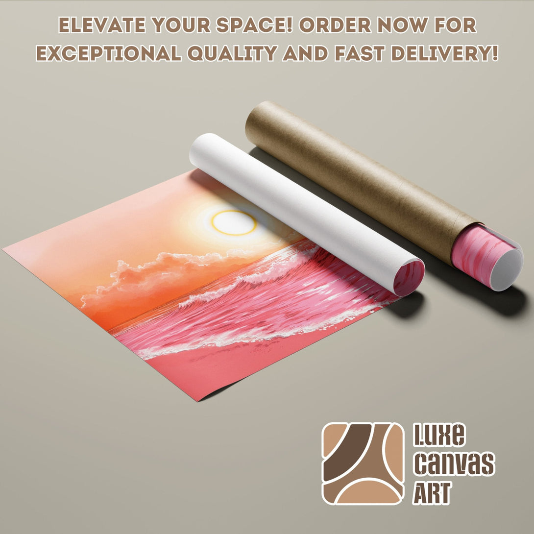 Poster Roll featuring a vibrant sunset beach scene in pink and orange hues. Elevate your space!