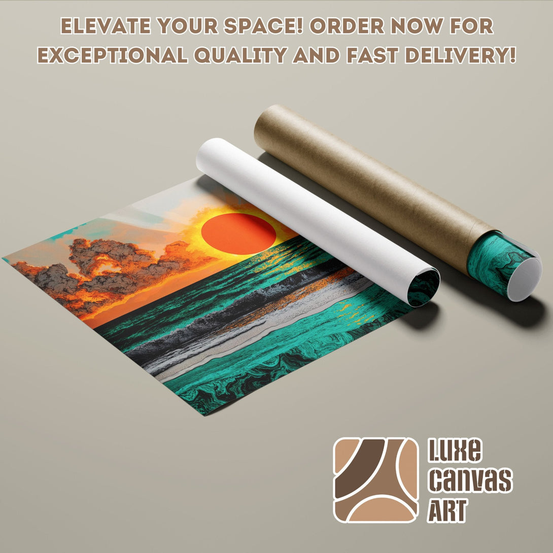 Poster Roll featuring a vibrant sunset over the ocean, colorful abstract art.