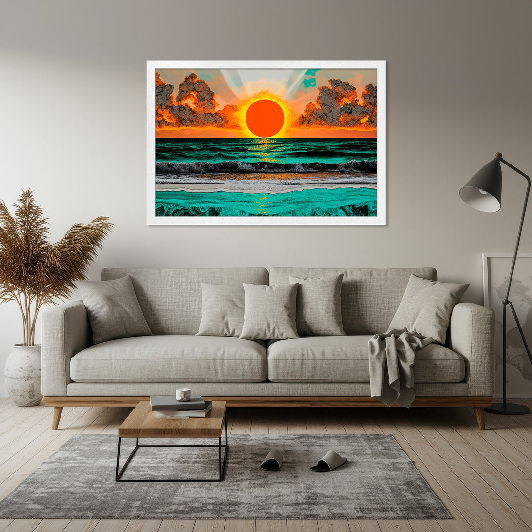 Framed Poster of a vibrant sunset over ocean. Modern art style with orange, teal, and grey color palette. Perfect wall decor.