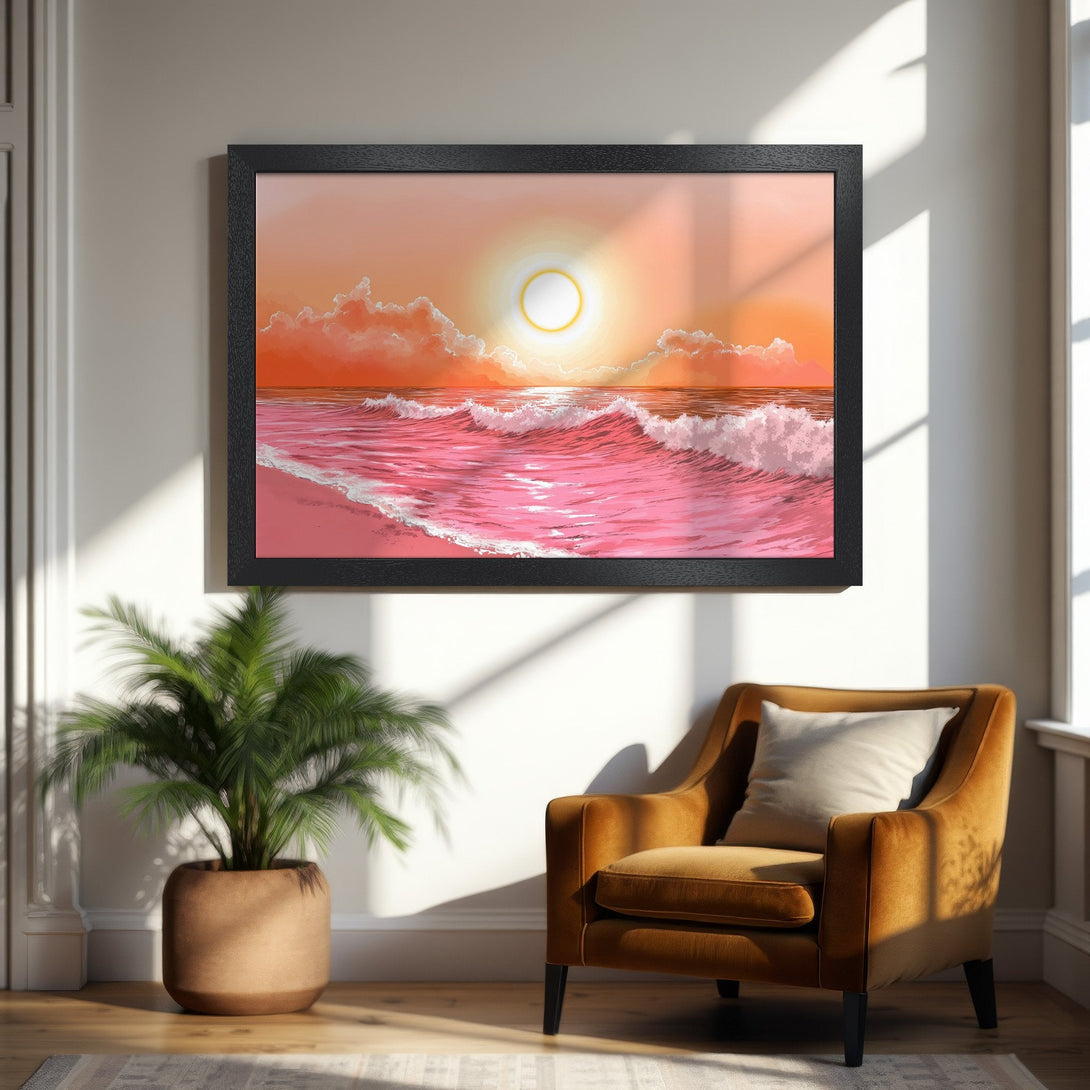 Framed Poster of a pink ocean sunset. Modern art style with warm orange and pink color palette. Perfect wall decor.