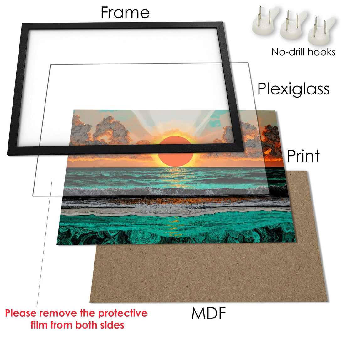 Framed Poster of a sunset over the ocean, featuring a vibrant teal, orange, and black color palette. Perfect wall art!