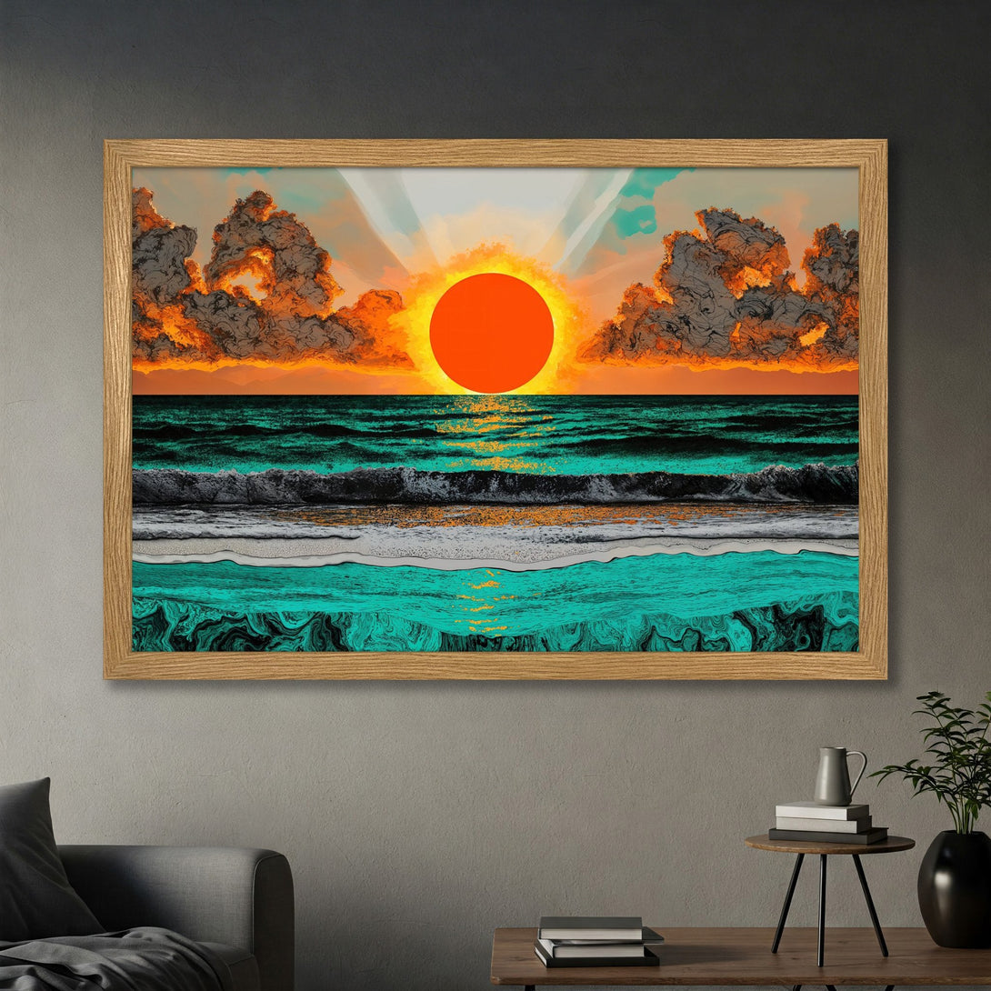 Framed Poster featuring a vibrant sunset over the ocean. Artistic style with orange, teal, and black color palette. Perfect wall art for coastal decor.